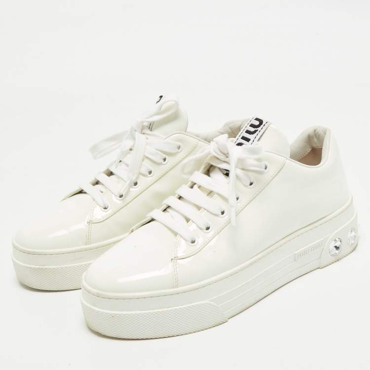 Pre Owned Miu Miu White Patent Leather Crystal Embellished Platform Low Top Sneakers Size 39