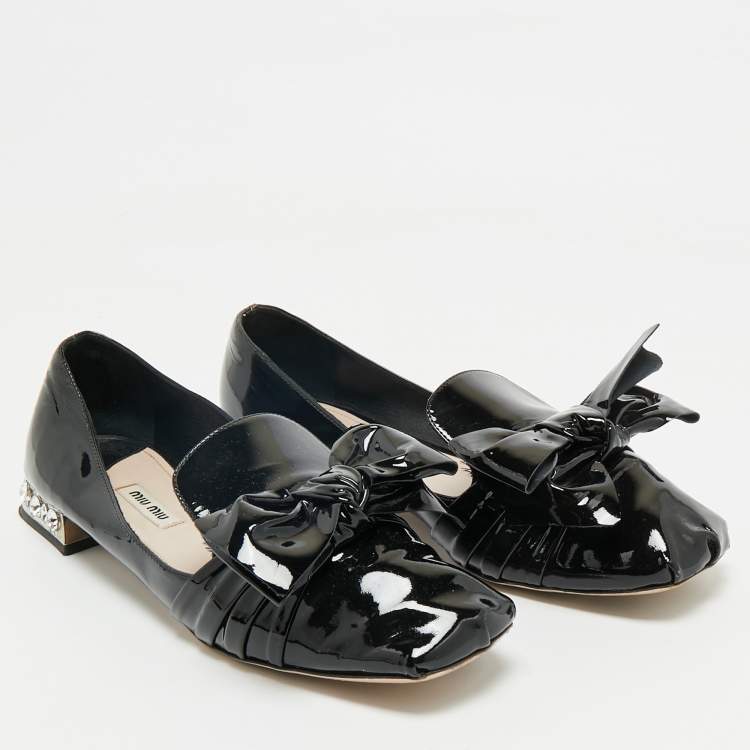 Pre Owned Miu Miu Black Patent Leather Crystals Embellished Bow Ballet Flats Size 41