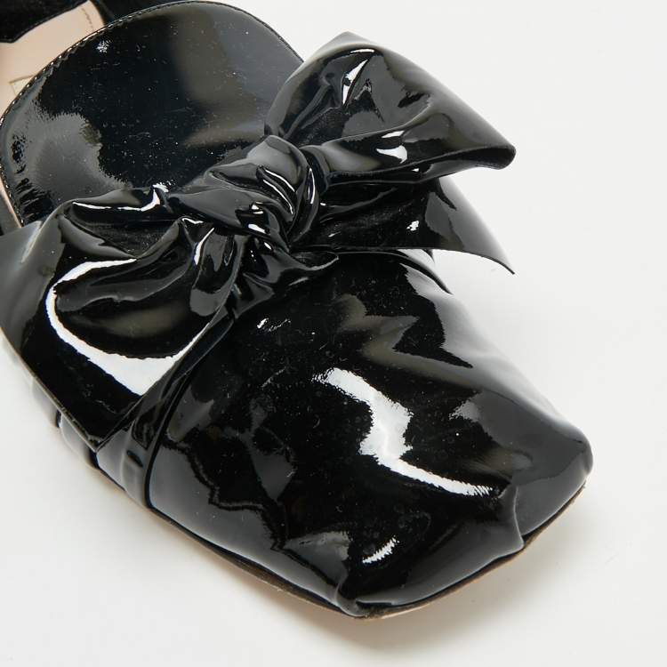 Pre Owned Miu Miu Black Patent Leather Crystals Embellished Bow Ballet Flats Size 41