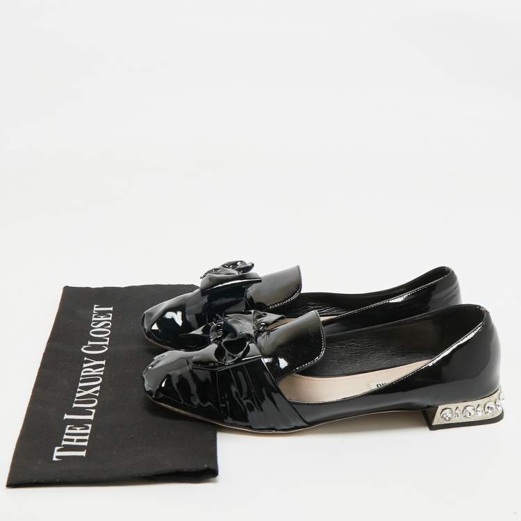 Pre Owned Miu Miu Black Patent Leather Crystals Embellished Bow Ballet Flats Size 41
