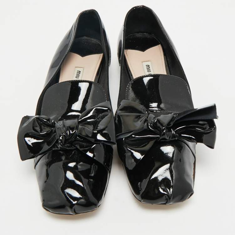 Pre Owned Miu Miu Black Patent Leather Crystals Embellished Bow Ballet Flats Size 41