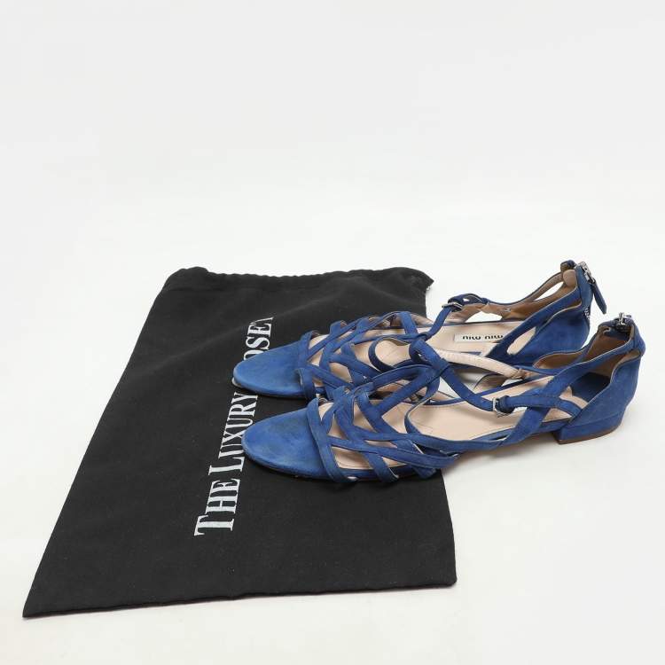 Pre Owned Miu Miu Blue Suede Buckle Detail Strappy Flat Sandals Size 38