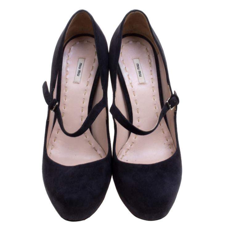 Pre Owned Miu Miu Dark Blue Suede Mary Jane Pumps Size 39