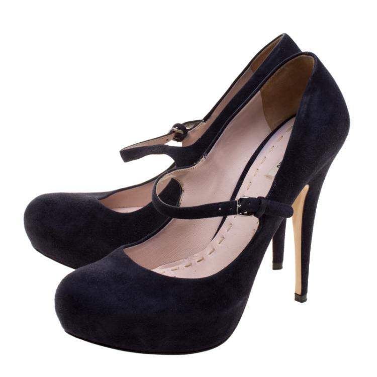Pre Owned Miu Miu Dark Blue Suede Mary Jane Pumps Size 39