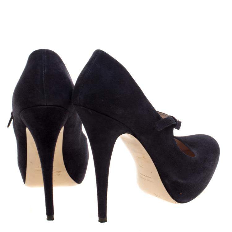 Pre Owned Miu Miu Dark Blue Suede Mary Jane Pumps Size 39