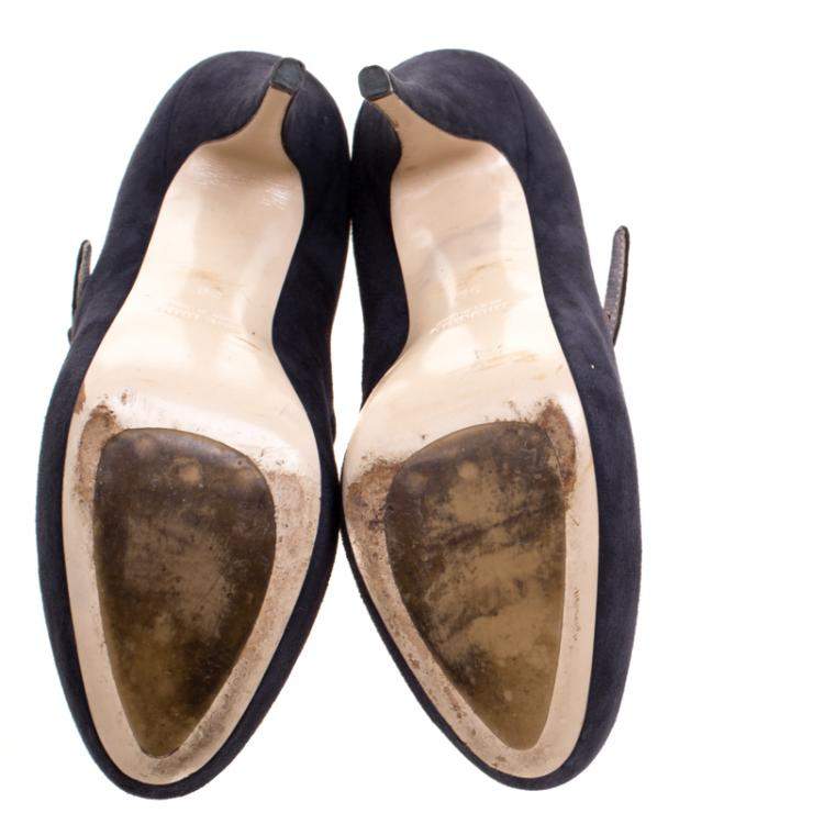 Pre Owned Miu Miu Dark Blue Suede Mary Jane Pumps Size 39