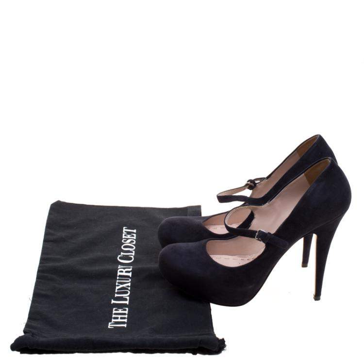 Pre Owned Miu Miu Dark Blue Suede Mary Jane Pumps Size 39