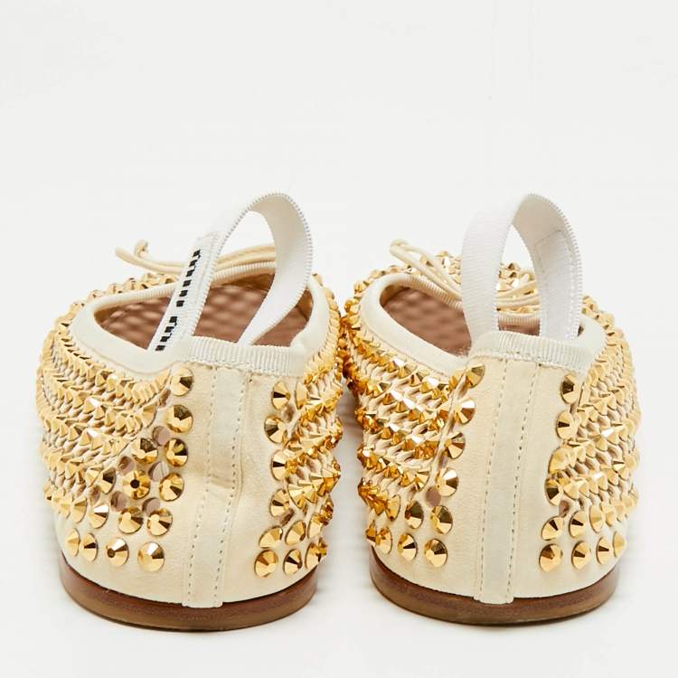 Pre Owned Miu Miu Cream Suede Stud Embellished Ballet Flats Size 39.5