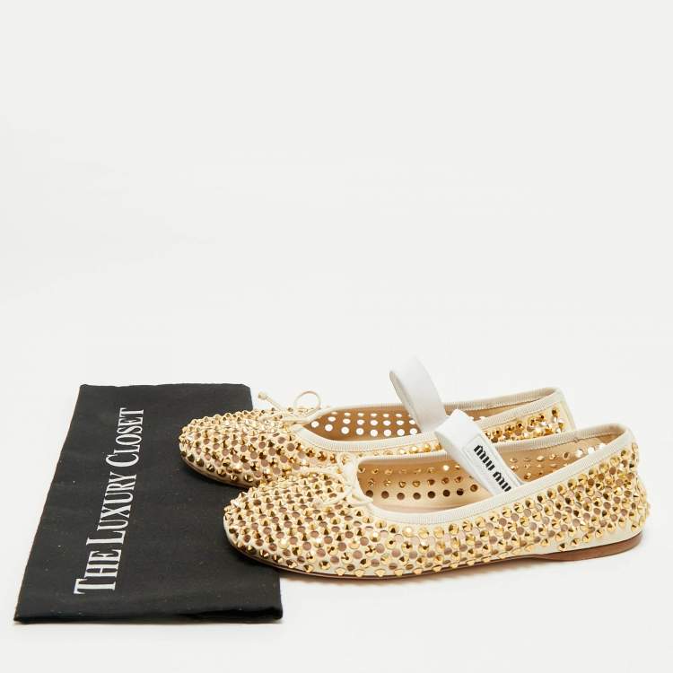 Pre Owned Miu Miu Cream Suede Stud Embellished Ballet Flats Size 39.5