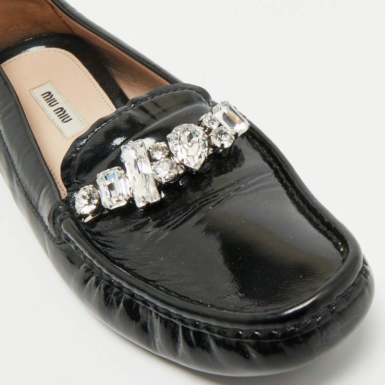 Pre Owned Miu Miu Black Patent Leather Crystals Embellished Loafers Size 38
