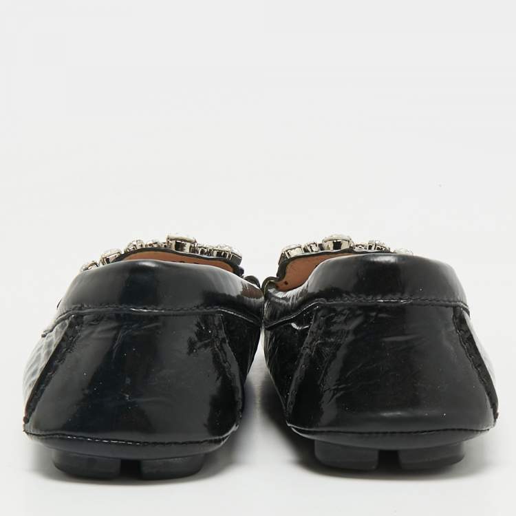 Pre Owned Miu Miu Black Patent Leather Crystals Embellished Loafers Size 38
