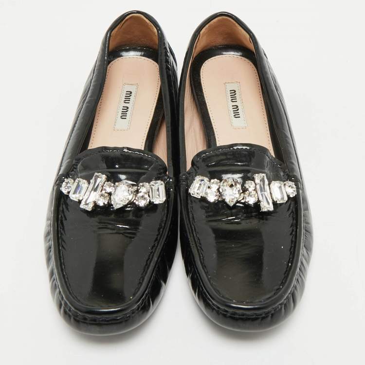 Pre Owned Miu Miu Black Patent Leather Crystals Embellished Loafers Size 38
