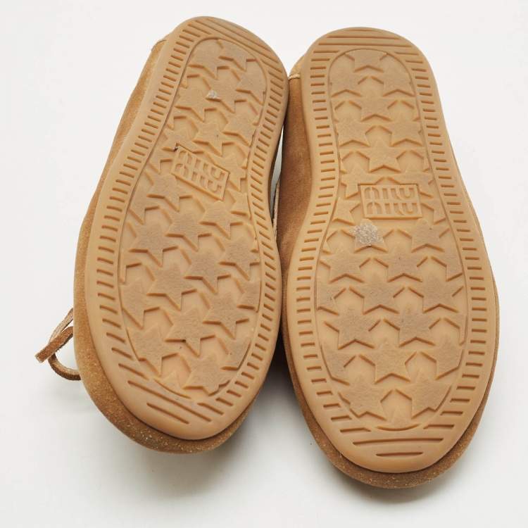 Pre Owned Miu Miu Brown Suede Logo Embossed Bow Loafers Size 36.5