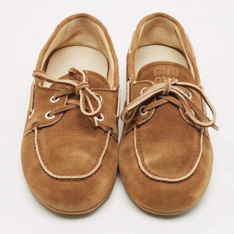 Pre Owned Miu Miu Brown Suede Logo Embossed Bow Loafers Size 36.5