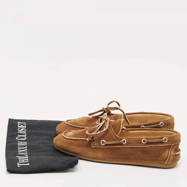Pre Owned Miu Miu Brown Suede Logo Embossed Bow Loafers Size 36.5