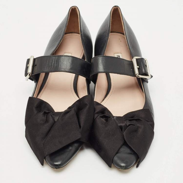 Pre Owned Miu Miu Black Leather Mary Jane Bow Ballet Flats Size 40