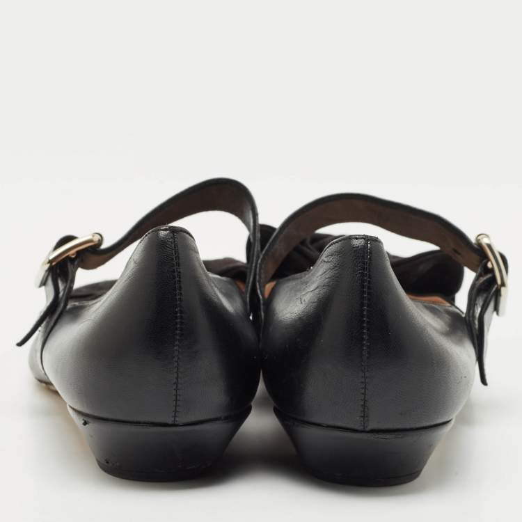 Pre Owned Miu Miu Black Leather Mary Jane Bow Ballet Flats Size 40