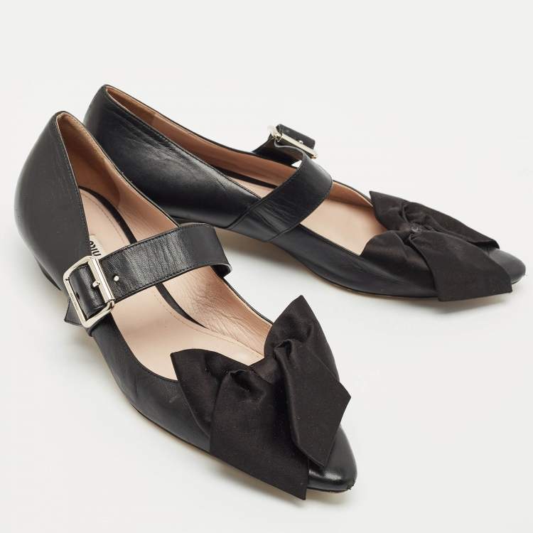 Pre Owned Miu Miu Black Leather Mary Jane Bow Ballet Flats Size 40