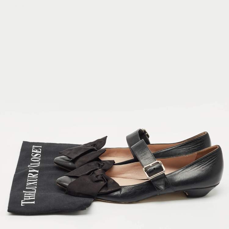 Pre Owned Miu Miu Black Leather Mary Jane Bow Ballet Flats Size 40