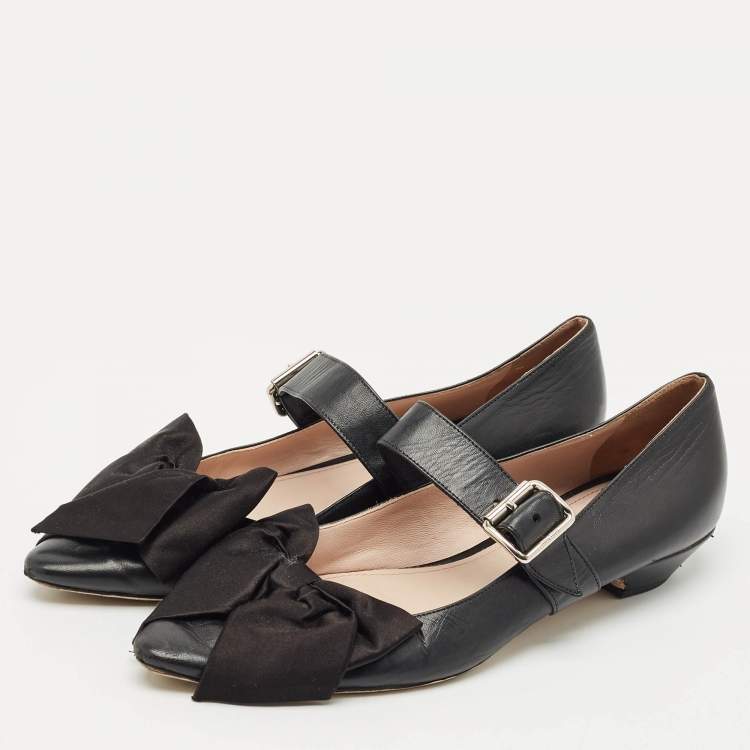 Pre Owned Miu Miu Black Leather Mary Jane Bow Ballet Flats Size 40