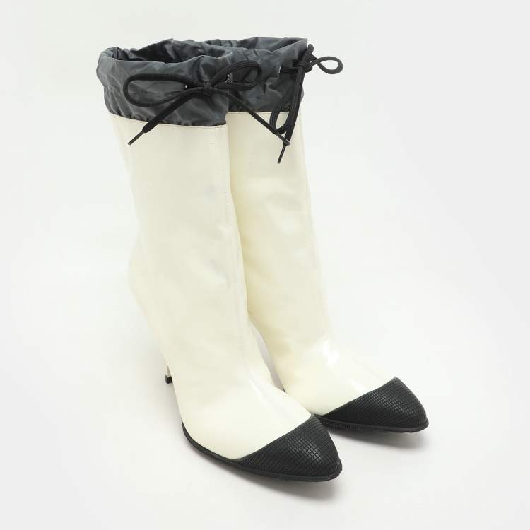 Pre Owned Miu Miu Cream/Grey Patent Leather and Nylon Ankle Length Boots Size 41