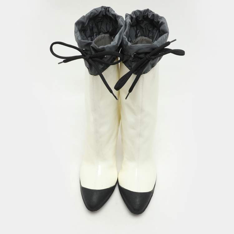 Pre Owned Miu Miu Cream/Grey Patent Leather and Nylon Ankle Length Boots Size 41
