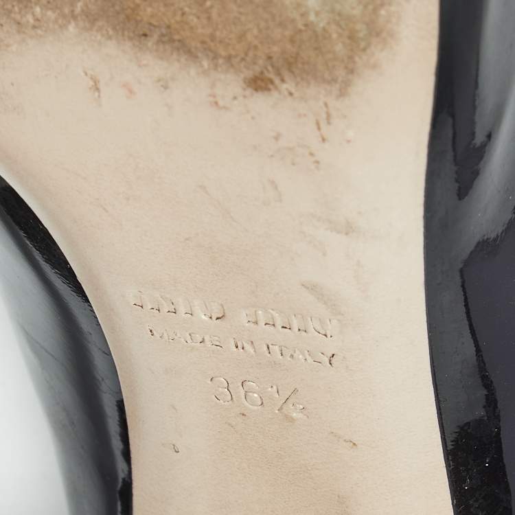 Pre Owned Miu Miu Black Patent Leather Crystal Embellished Peep Toe Pumps Size 36.5