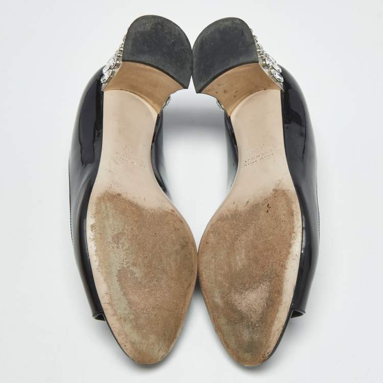 Pre Owned Miu Miu Black Patent Leather Crystal Embellished Peep Toe Pumps Size 36.5