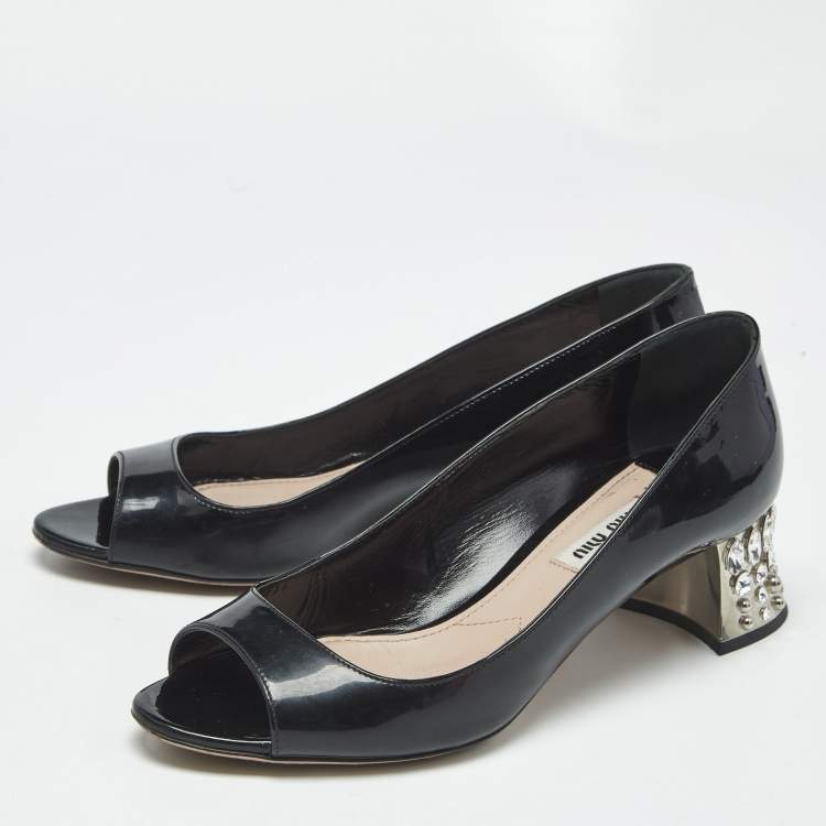 Pre Owned Miu Miu Black Patent Leather Crystal Embellished Peep Toe Pumps Size 36.5