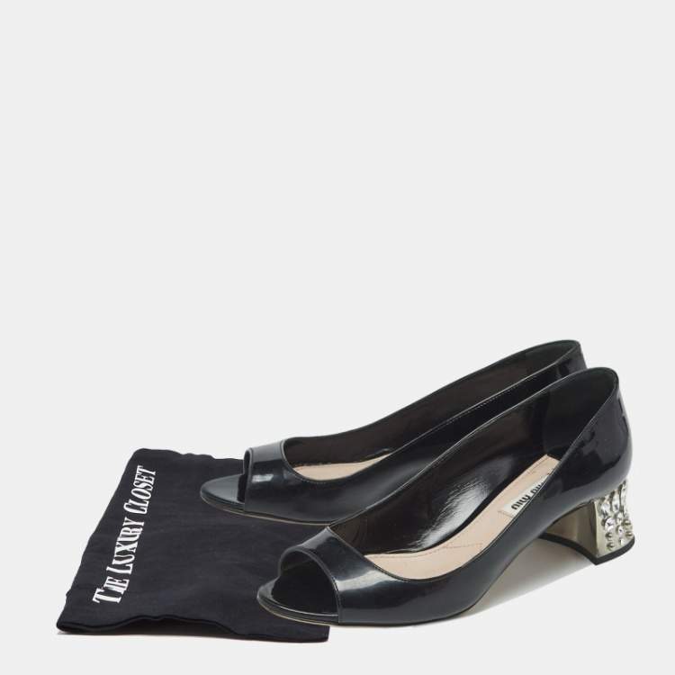 Pre Owned Miu Miu Black Patent Leather Crystal Embellished Peep Toe Pumps Size 36.5