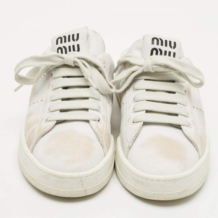 Pre Owned Miu Miu White Leather Lace Up Sneaker Mules Size 39
