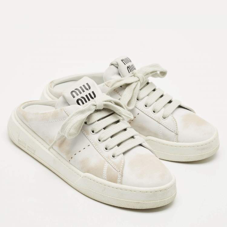 Pre Owned Miu Miu White Leather Lace Up Sneaker Mules Size 39