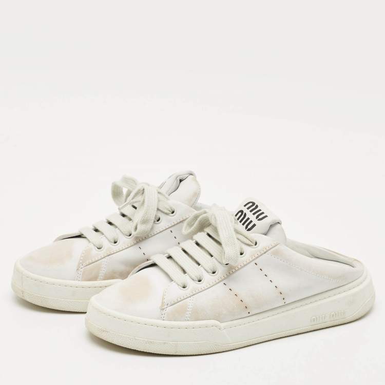 Pre Owned Miu Miu White Leather Lace Up Sneaker Mules Size 39