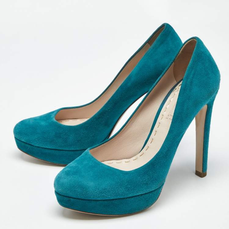 Pre Owned Miu Miu  Turquoise Blue  Suede Rounded Toe Platform Pumps Size 38