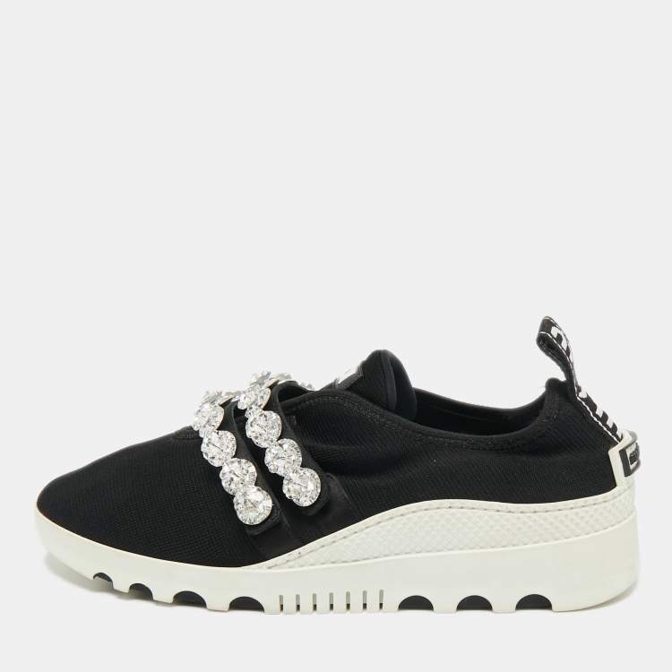 Pre Owned Miu Miu Black Knit Fabric Crystal Embellished Slip On Sneakers Size 41