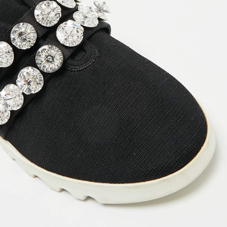 Pre Owned Miu Miu Black Knit Fabric Crystal Embellished Slip On Sneakers Size 41