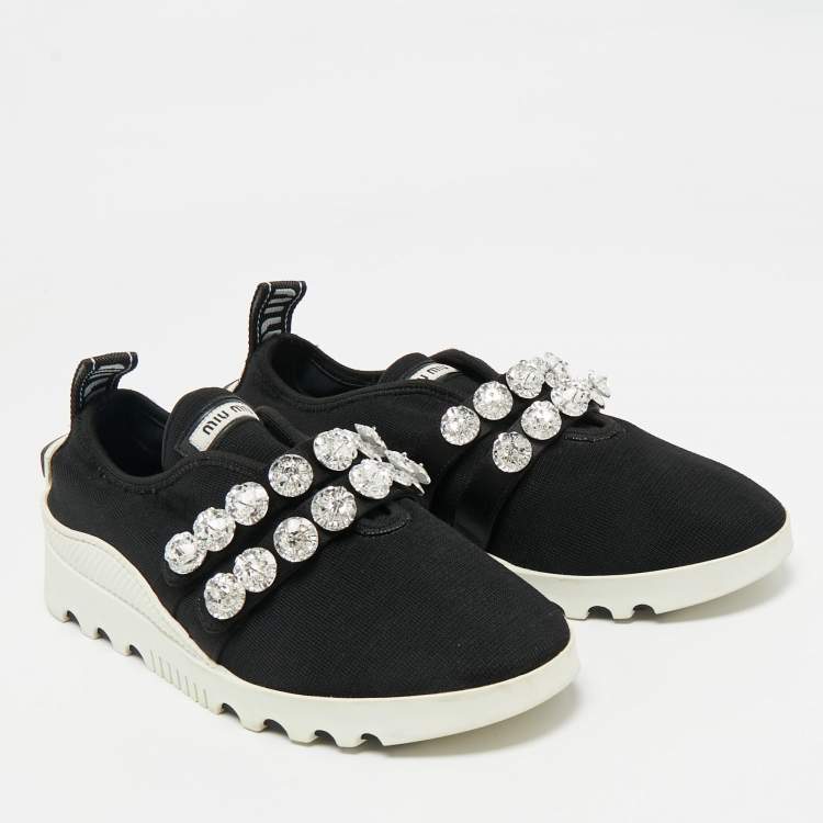 Pre Owned Miu Miu Black Knit Fabric Crystal Embellished Slip On Sneakers Size 41