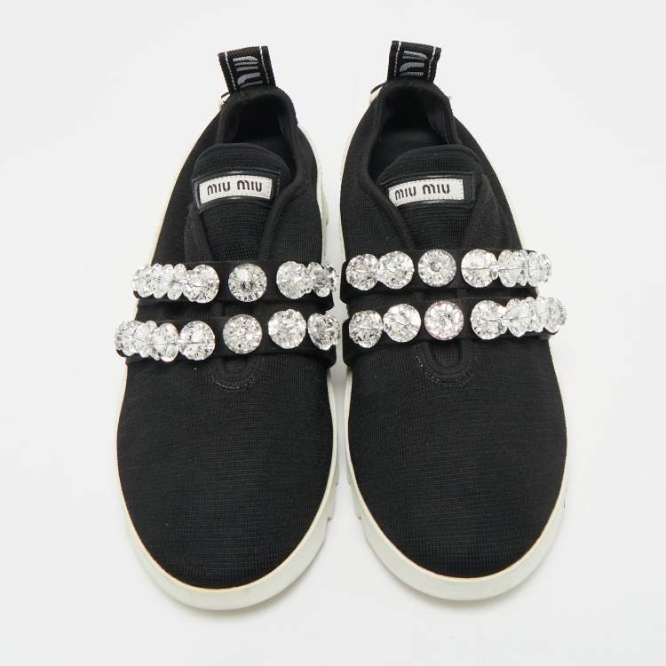 Pre Owned Miu Miu Black Knit Fabric Crystal Embellished Slip On Sneakers Size 41