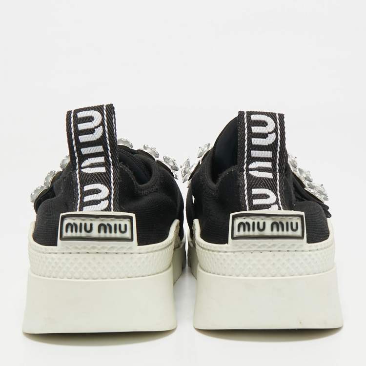 Pre Owned Miu Miu Black Knit Fabric Crystal Embellished Slip On Sneakers Size 41
