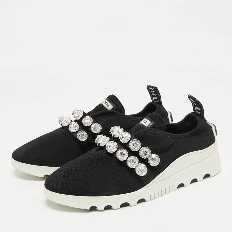 Pre Owned Miu Miu Black Knit Fabric Crystal Embellished Slip On Sneakers Size 41