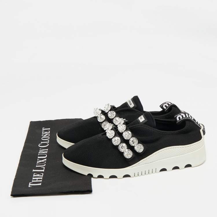 Pre Owned Miu Miu Black Knit Fabric Crystal Embellished Slip On Sneakers Size 41