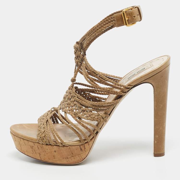 Pre Owned Miu Miu Woven Leather Ankle Strap Cork Platform Sandals Size 42