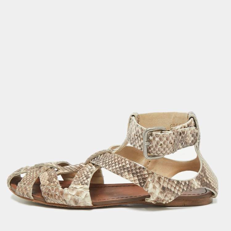 Pre Owned Miu Miu Beige  Python Leather Ankle Strap Flat Sandals Size 38.5