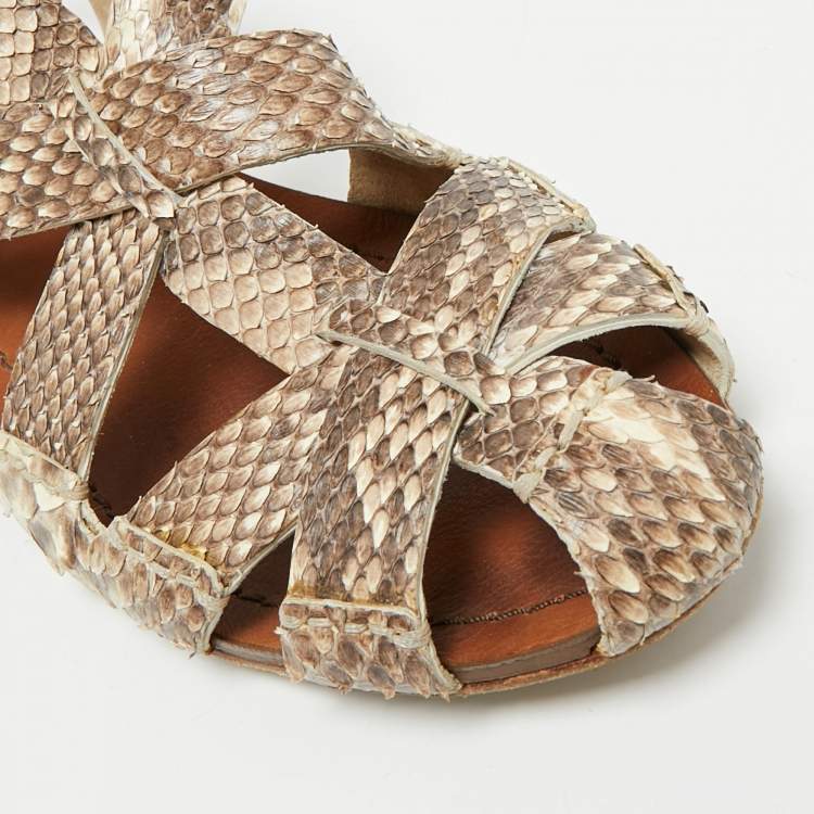 Pre Owned Miu Miu Beige  Python Leather Ankle Strap Flat Sandals Size 38.5