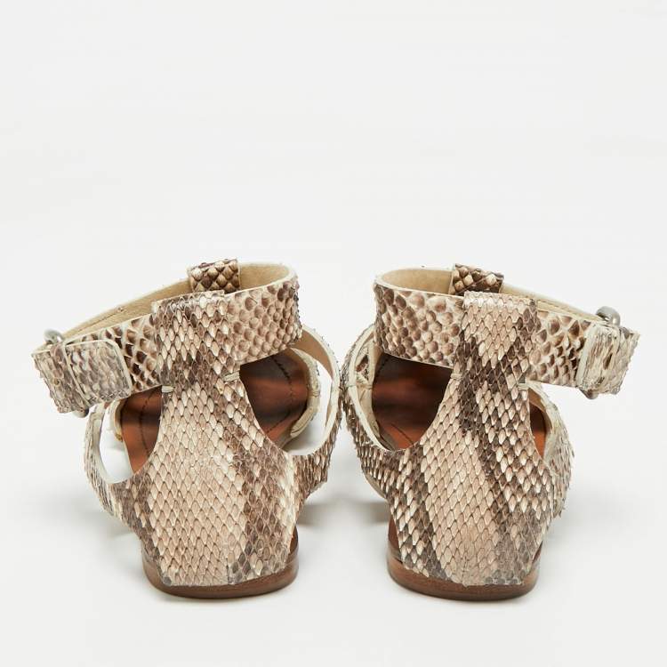 Pre Owned Miu Miu Beige  Python Leather Ankle Strap Flat Sandals Size 38.5
