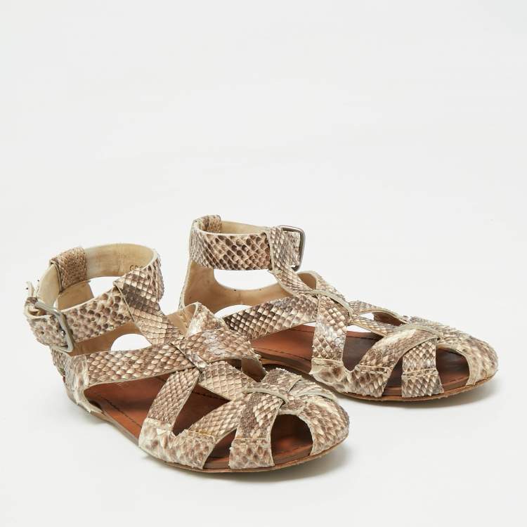 Pre Owned Miu Miu Beige  Python Leather Ankle Strap Flat Sandals Size 38.5