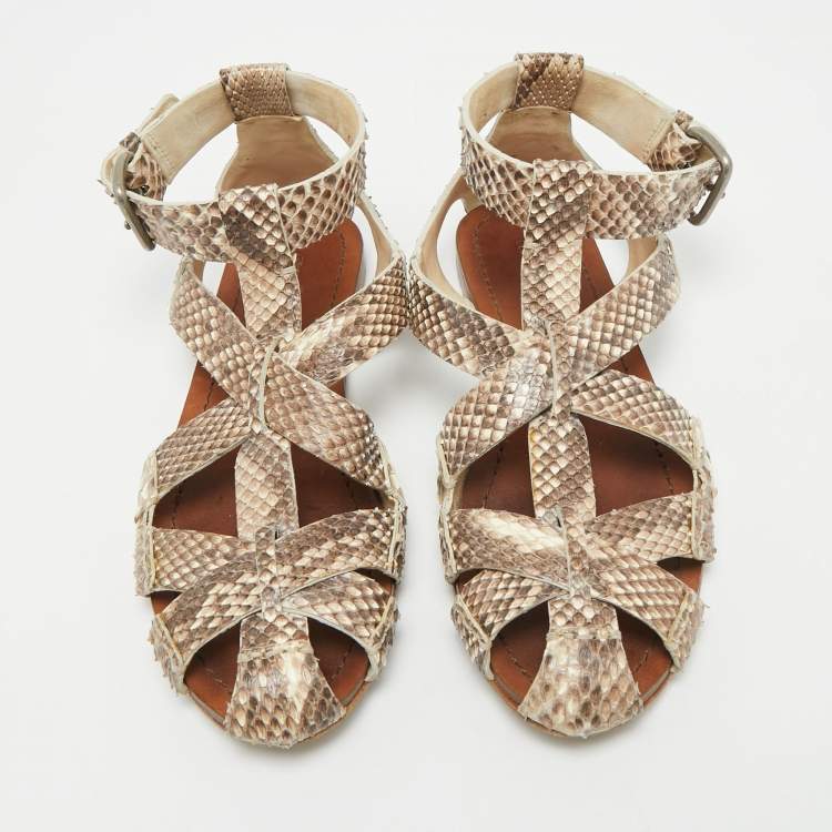 Pre Owned Miu Miu Beige  Python Leather Ankle Strap Flat Sandals Size 38.5