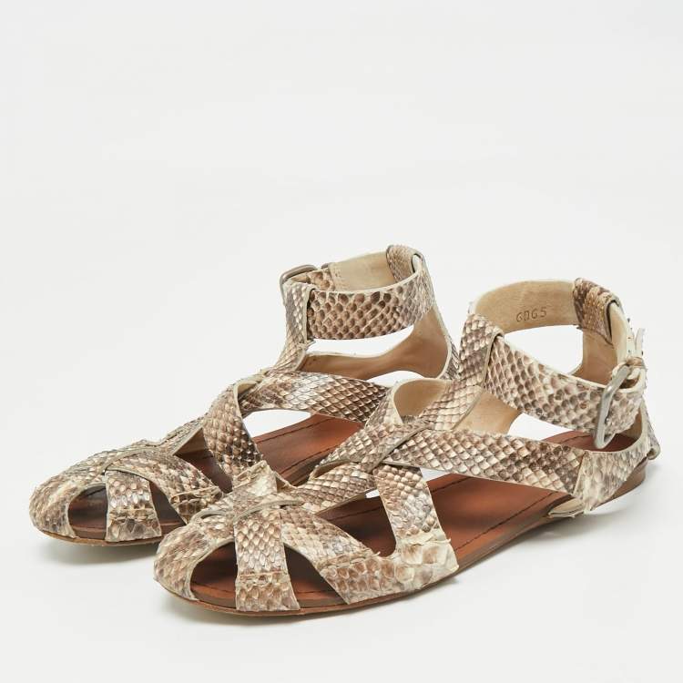 Pre Owned Miu Miu Beige  Python Leather Ankle Strap Flat Sandals Size 38.5