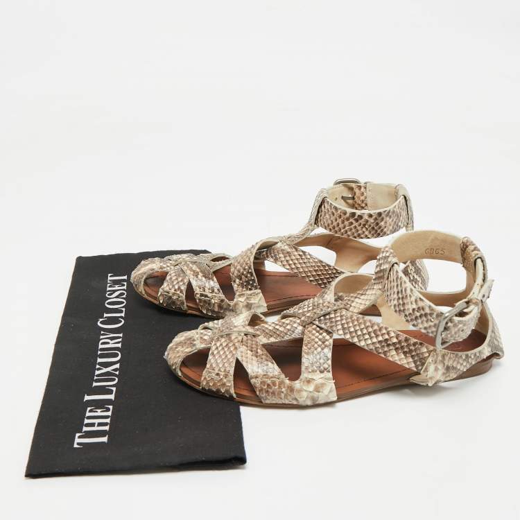 Pre Owned Miu Miu Beige  Python Leather Ankle Strap Flat Sandals Size 38.5