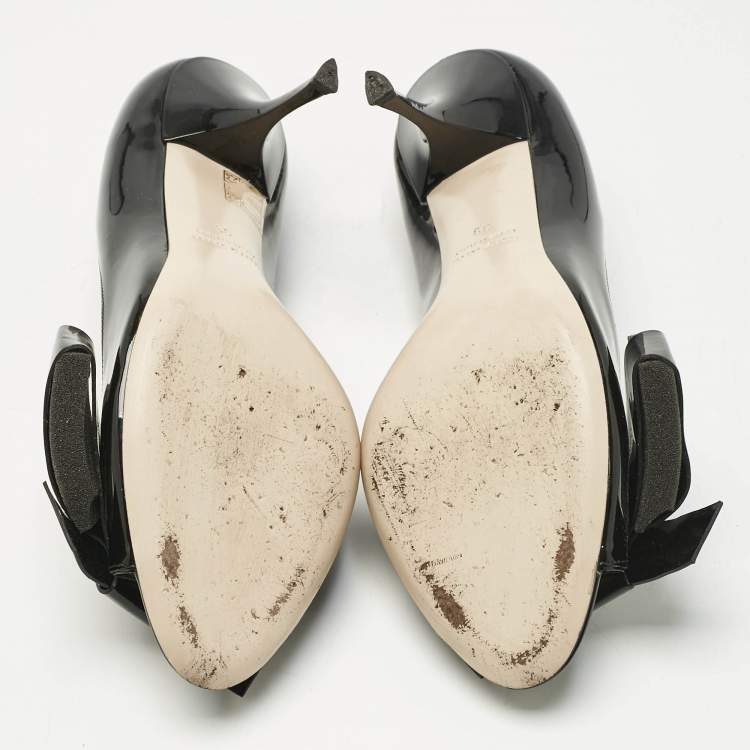 Pre Owned Miu Miu Black Patent Leather Bow Peep Toe Pumps Size 39